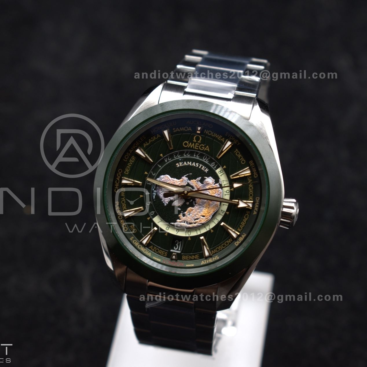 Aqua Terra GMT Worldtimer 43mm Green Ceramic VSF 1:1 Best Edition on SS Bracelet A8938 Super Clone